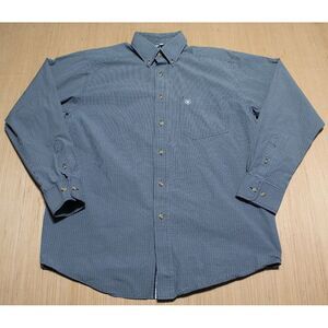 Ariat Pro Series Button Down Shirt Mens M Navy Blue Pink Plaid Cotton Poly Blend